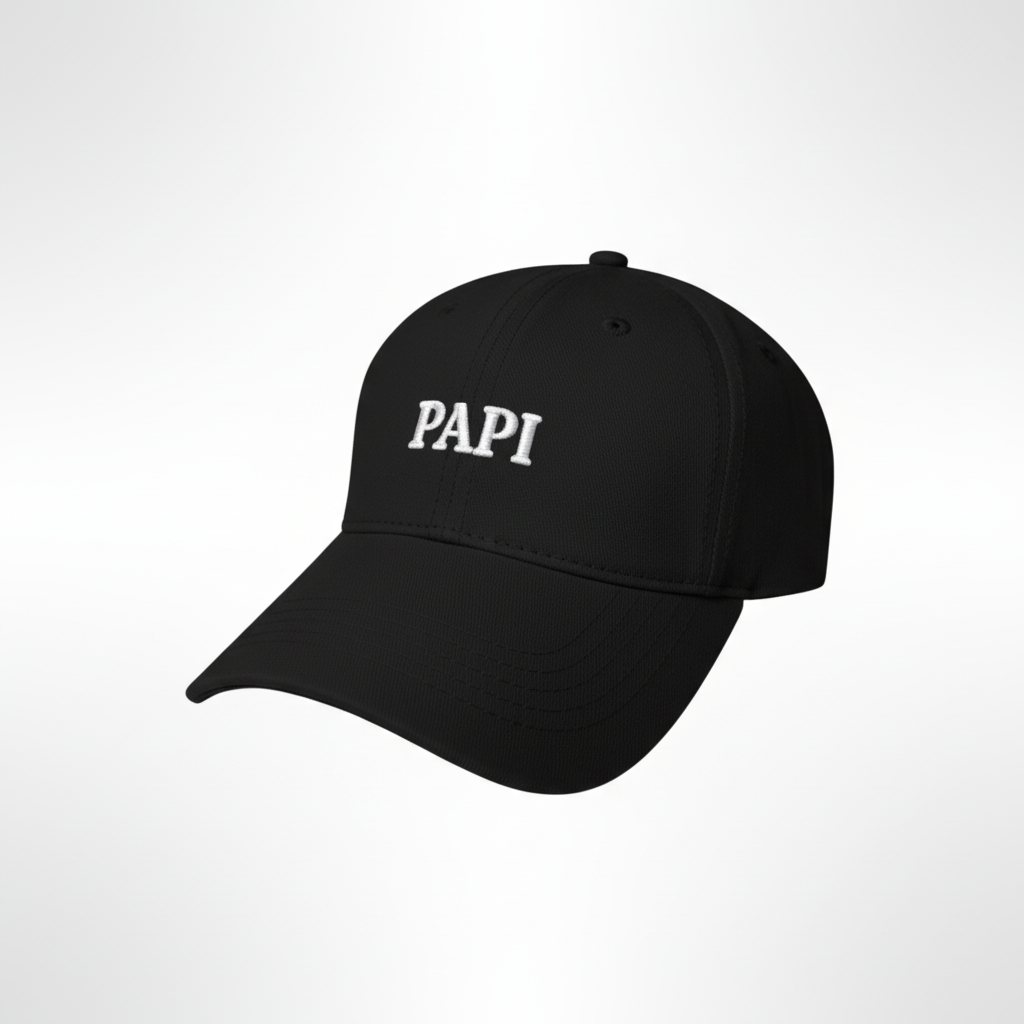 Black cap with 'PAPI' text on a white background