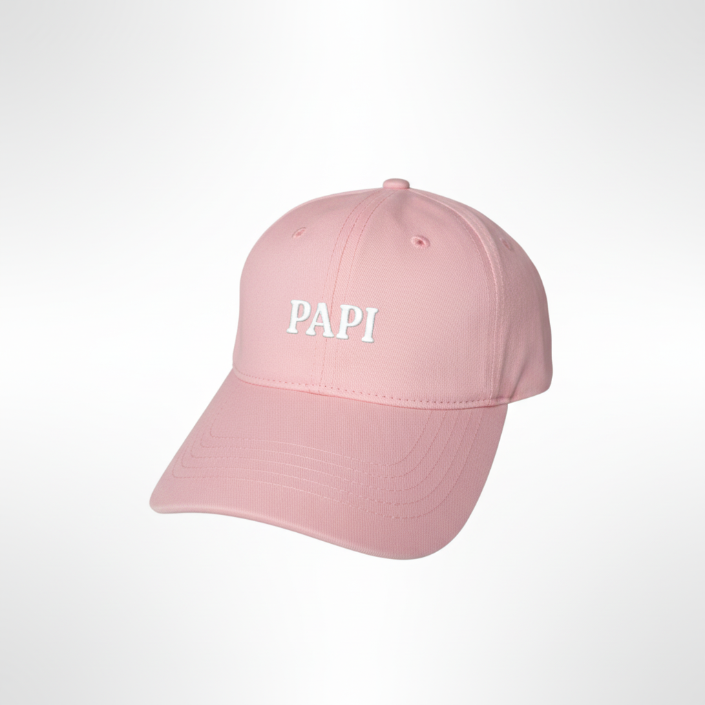 Pink cap with 'PAPI' text on a white background