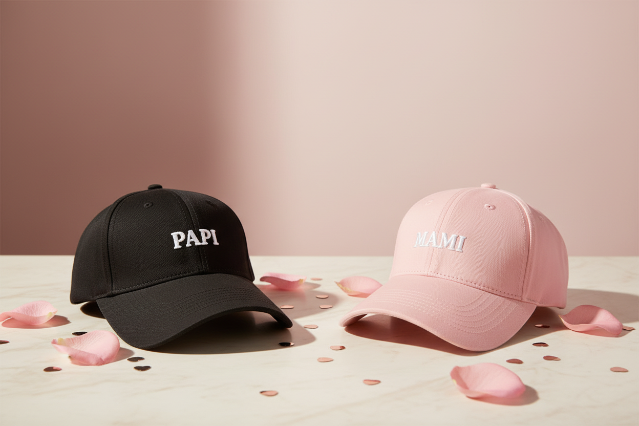 Black and pink baseball caps with 'PAPI' and 'MAMI' text on a pink background with flower petals.